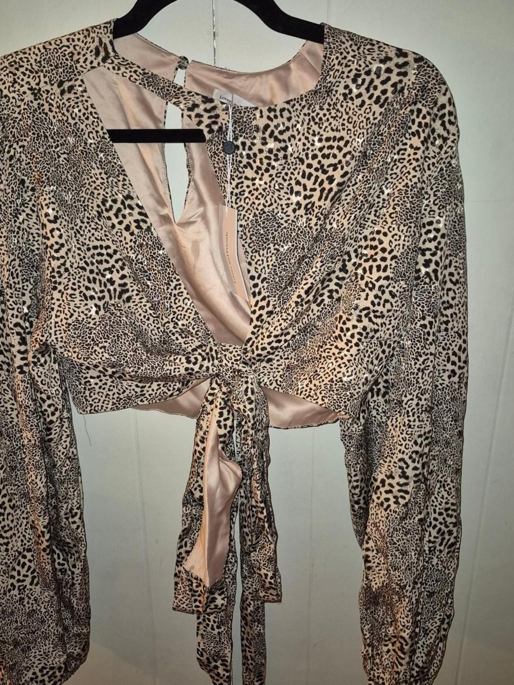 Lovers + Friends Leopard Tie-Front Satin Crop Top - Beige/Black